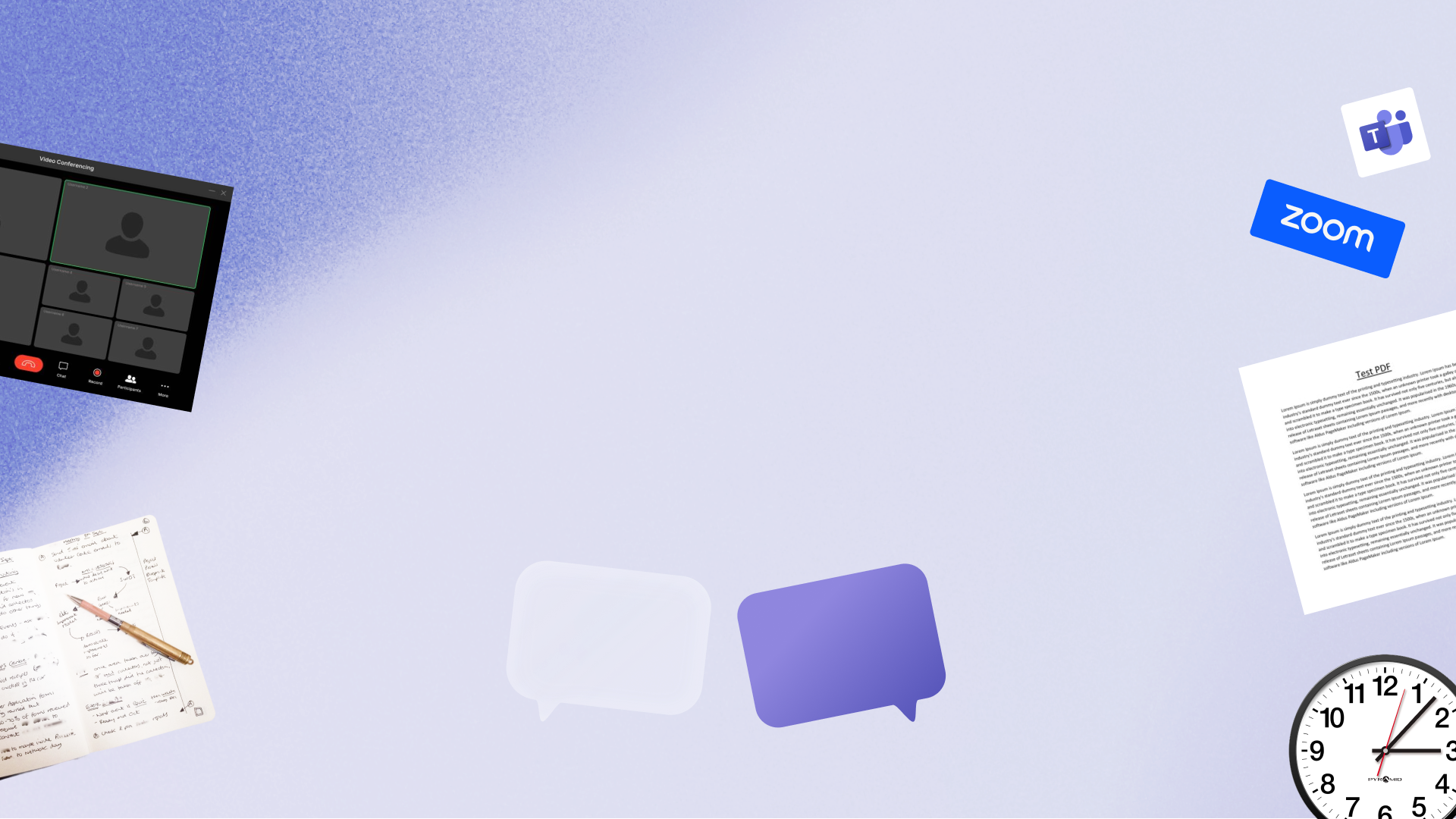 scattered items, picturing a zoom window, a notebook, the Microsoft Teams logo, the Zoom logo, a PDF, and a clock.