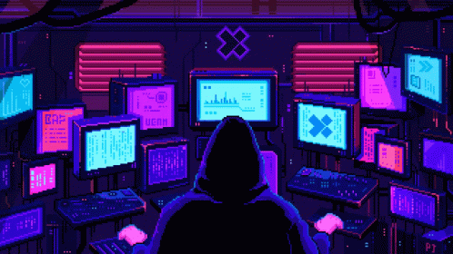 the back of a person sitting in front of several computer screens in a pixellated style